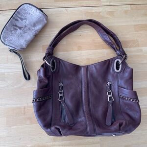 B Makowsky Womens Medium Pewter Alice Handbag/Tote Burgundy W/ Makeup Case
